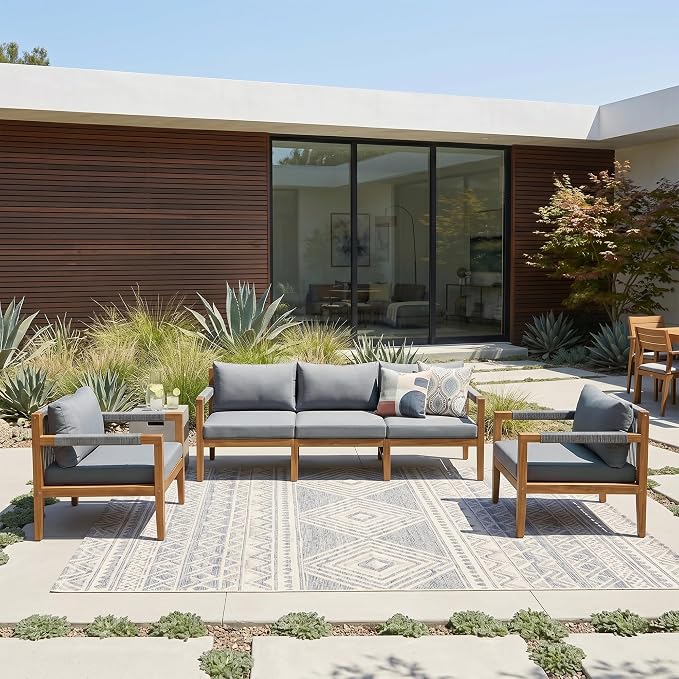 GDFStudio 3 Piece Patio Furniture Set, Acacia Wood Outdoor Sofa Set with Cushions, Rope Woven Conversation Set, 3 Seat Couch & 2 Chairs for Backyard Patio Deck Porch Garden Poolside, Grey