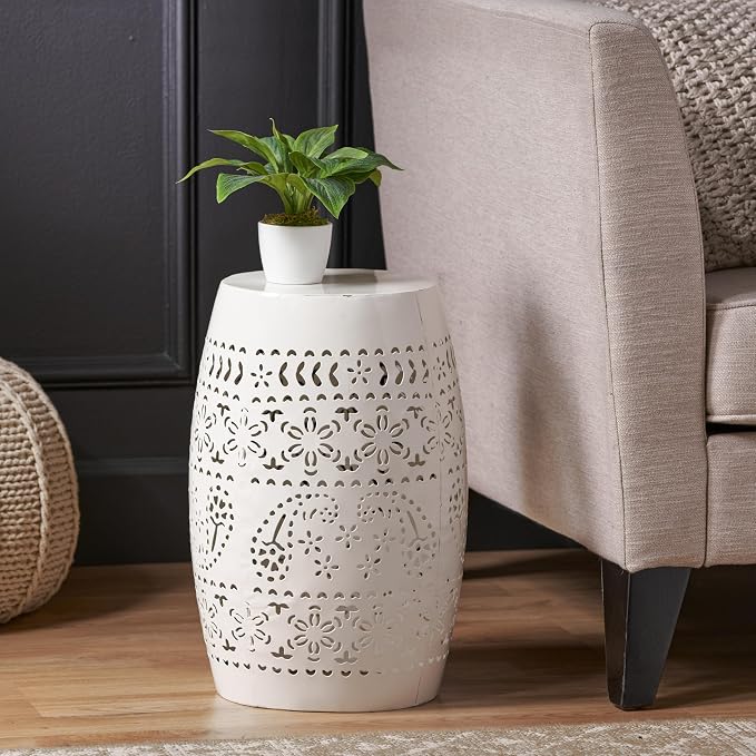 12" Outdoor Side Table, Metal Cutout Drum Side Table, Patio Garden Stool | Coffee End Tables for Small Spaces, Living Room, Backyard, Poolside