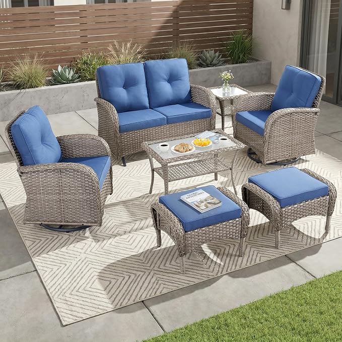 7 Piece Patio Furniture Set - Wicker Patio Conversation Set with Swivel Glider, Glider Loveseat, Tempered Glass Side Table and 2 Ottomans for Deck Backyard - Grey Wicker Blue Cushion