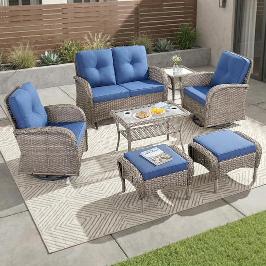 7 Piece Patio Furniture Set - Wicker Patio Conversation Set with Swivel Glider, Glider Loveseat, Tempered Glass Side Table and 2 Ottomans for Deck Backyard - Grey Wicker Blue Cushion