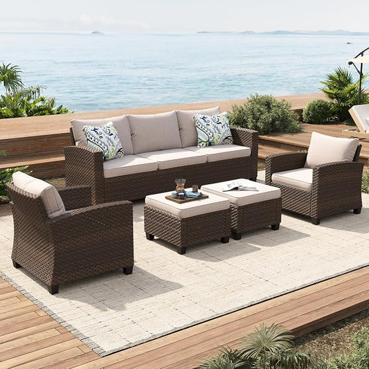 SUNSHINE VALLEY Patio Furniture Set Outdoor Furniture Brown Wicker Rattan Patio Conversation Sets with Cushion Outside Sofa Set,5 Pieces 7 Seats,Beige