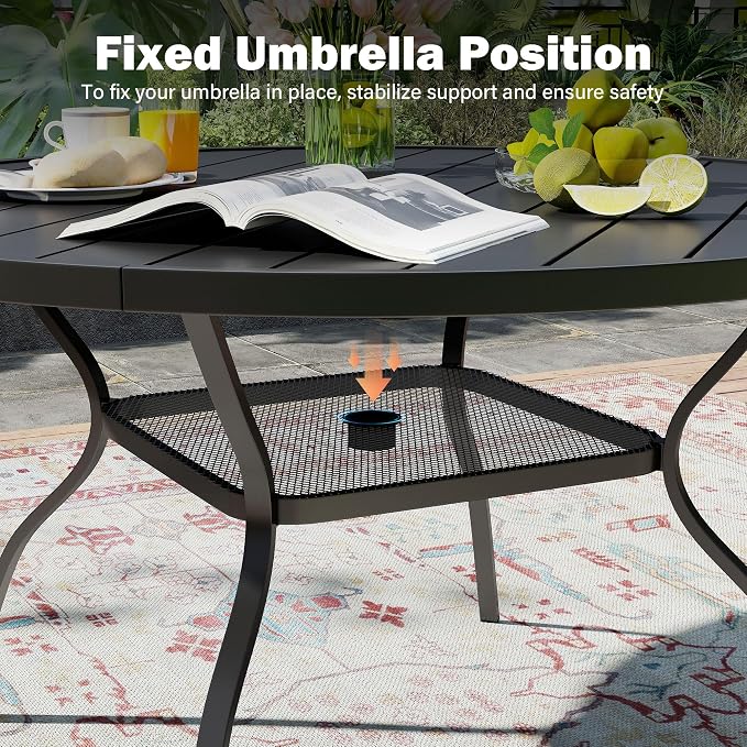 47.2 Inch Round Patio Table for 4 with Adjustable Umbrella Hole, Rust-Resistant Metal Frame, Outdoor Dining Table All-Weather for Backyard, Garden, Lawn, Poolside, and Outdoor Café Use – Black