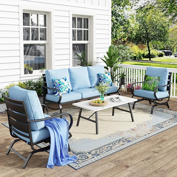 MFSTUDIO 4 Pieces Patio Conversation Sets(5 Seat),Outdoor Metal Furniture Sofas with 1 Loveseat(3 Seat), 2 Rocking Chairs,1 Coffee Table,Wrought Iron with Blue Cushion for Patio Courtyard Balcony