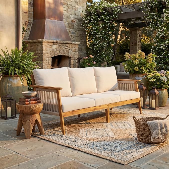 Merax Outdoor Acacia Wood & Rope 3-Seater Patio Sofa with Water-Repellent Cushions, Handmade Woven Garden Sofa for Poolside & Deck