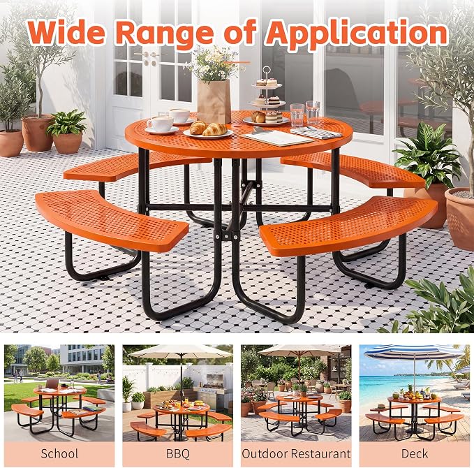 46" Outdoor Round Perforated Picnic Table Metal Camping Table with Umbrella Hole - Heavy Duty Steel Mesh Picnic Bench Set for Backyard Garden Deck, Orange