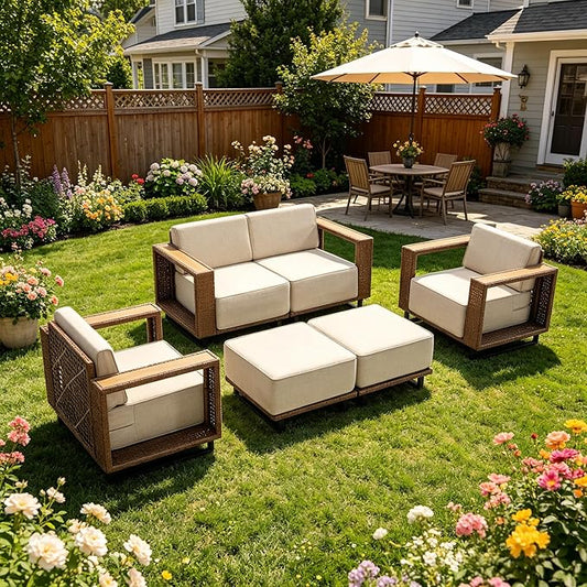 MOCHITO 6 Pieces Outdoor Patio Furniture Sets, All-Weather Sectional Sofa PE Rattan Wicker Conversation Set, Outdoor Patio sectional for Poolside, Porch, Lawn, Garden, Balcony(Beige)