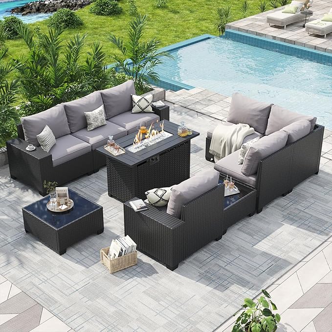 Aoxun Patio Furniture Sets with 44'' Fire Pit, 10 Pcs Outdoor Patio Coversation Set with 4'' Thicken Cushion and Coffee Table, Widen Armrests Wicker Outdoor Sectional for Backyard & Garden, Grey