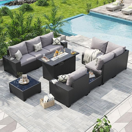 Aoxun Patio Furniture Sets with 44'' Fire Pit, 10 Pcs Outdoor Patio Coversation Set with 4'' Thicken Cushion and Coffee Table, Widen Armrests Wicker Outdoor Sectional for Backyard & Garden, Grey