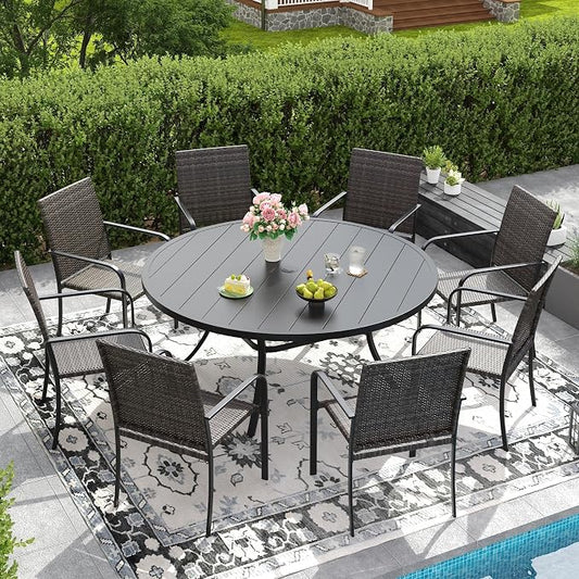 DIFY 9 Piece Outdoor Dining Set, Patio Table and Chairs Set for 8 with Umbrella Hole, 53" Black Round Dining Table & Stackable Wicker Patio Chairs, Metal Patio Furniture Set for Garden Backyard