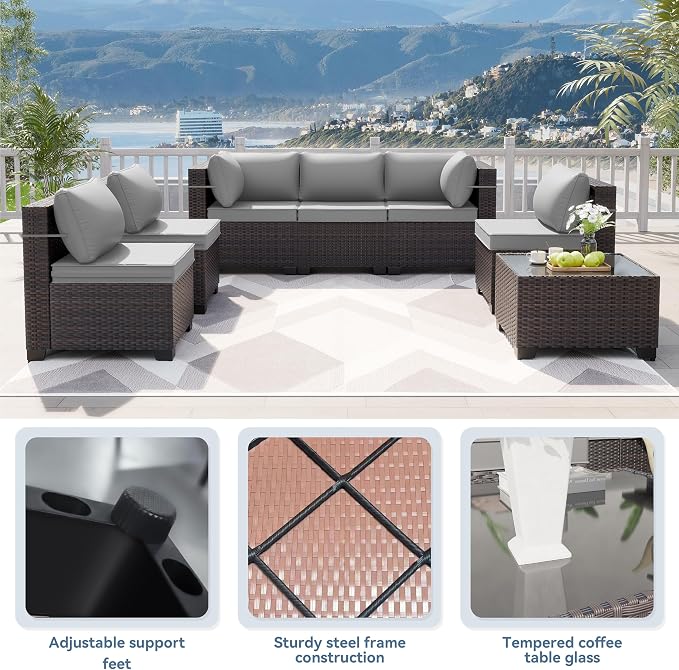 Kurapika 10 Pieces Patio Furniture Set, Rattan Wicker Sofa Set, Outdoor Conversation Sets w/Swivel Rocking Chairs Patio Sectional Sofa w/4 Inch Cushion, Grey