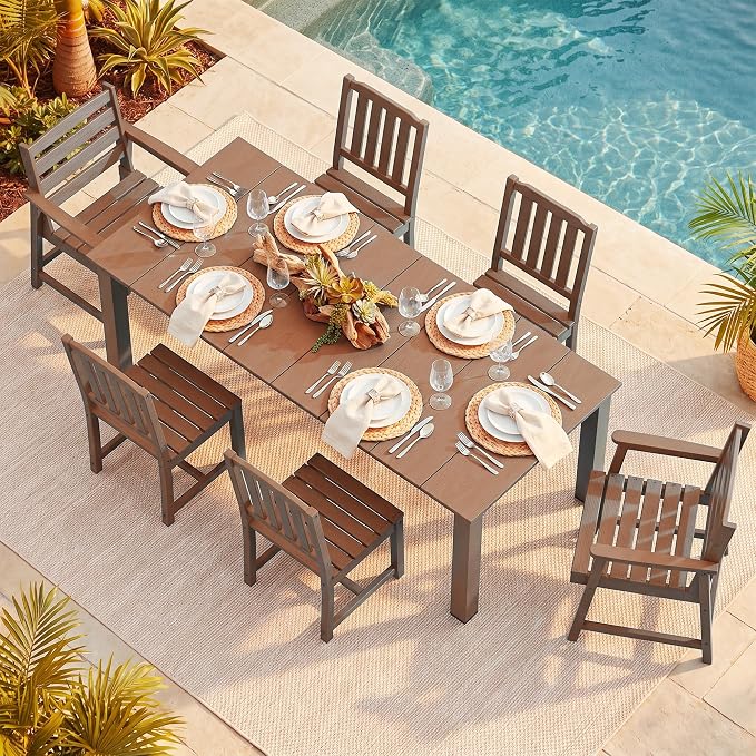 LOUNZY 7 Piece Patio Dining Set for 6, Outdoor Table and Chairs,Brown | 75.2” table,6 seat patio dining set, HDPE wood-look, fade resistant and waterproof, low maintenance outdoor furniture