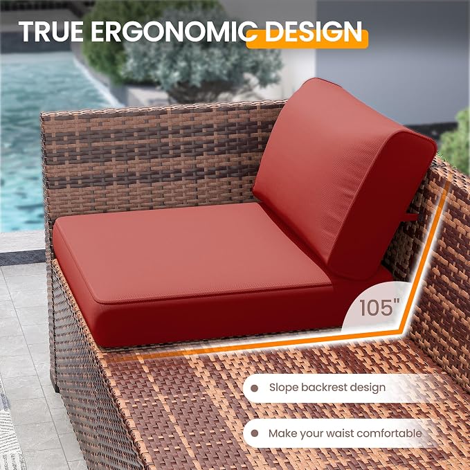 UDPATIO Patio Furniture Set, 7 Pieces Outdoor Sectional Sofa with 105°Slanted Back, Modular Rattan Conversation Set for Poolside, Backyard, Deck, with Coffee Table, Red