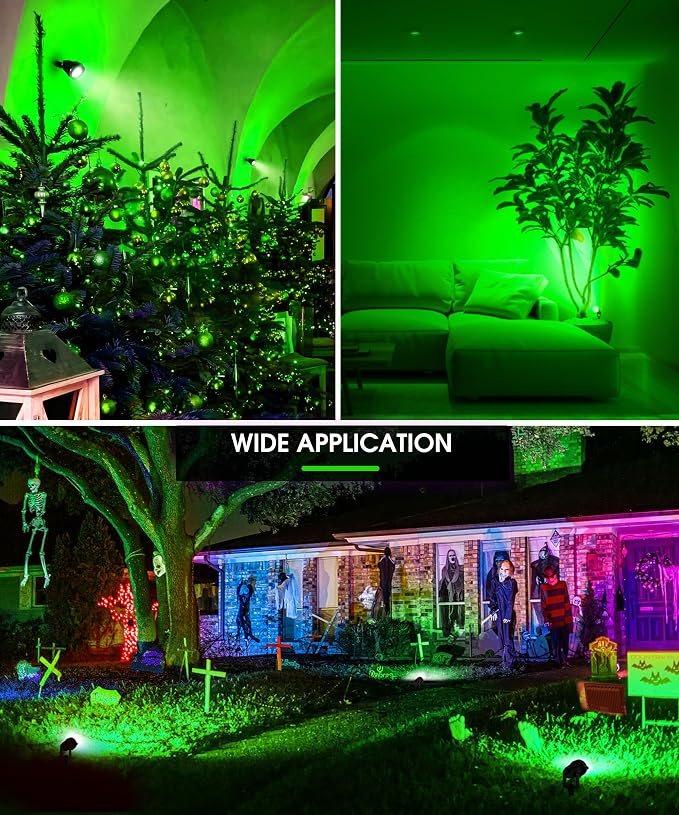 L LOHAS LED Green Outdoor Spotlight 5W Dusk to Dawn Landscape Light 2 Pack | Green Holiday Spotlights with Auto On/Off Function, Outdoor Tree Lighting for Christmas, Yard and Garden Decoration