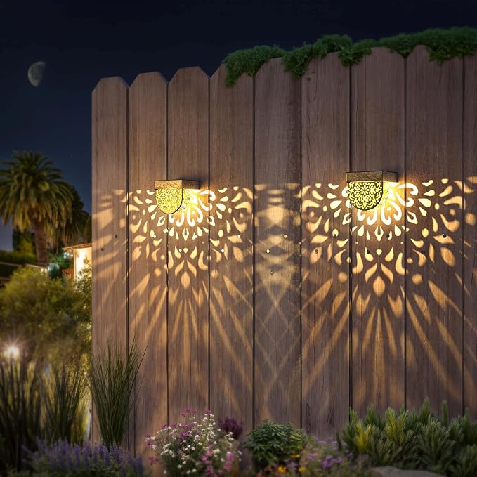 Solar Fence Lights 6 Pack Solar Step Lights Outdoor Waterproof LED Solar Powered Wall Lights Outdoor Decorations Warm Yellow Light Decorative Lighting for, Front Door, Backyard (Gold)