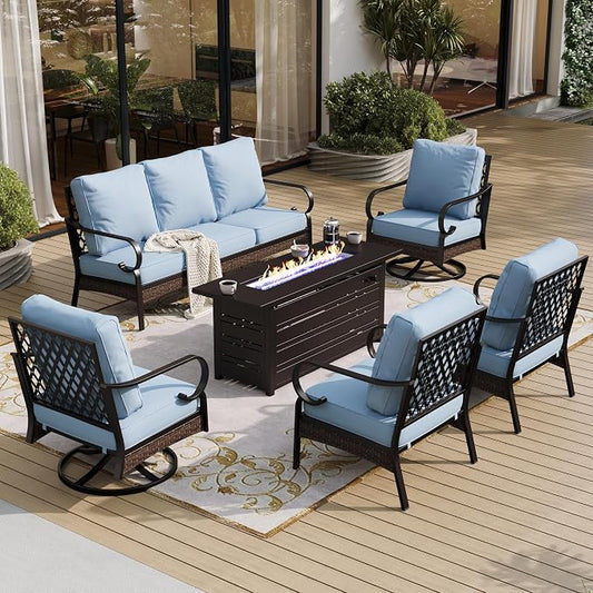 SUNSHINE VALLEY 6 Piece Black Metal Outdoor Patio Furniture Sets with Firepit Table, Patio Conversation Sets 1 3-Seater Sofa, 2 Leg Chair and 2 Swivel Chair with 5.75" Cushion for Backyard Deck, Blue