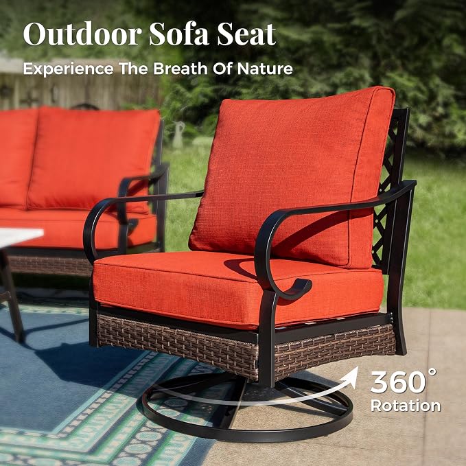 MIXPATIO Patio Furniture Set with Coffee Table, Outdoor Conversation Set with 2 x Fixed Chairs, 2 x Swivel Chairs, 1 x 3-Seat Sofa for Lawn Garden Backyard, Red