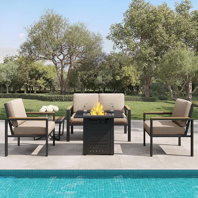 5-Piece Patio Furniture Set with 28” Propane Fire Pit Table, Heavy-Duty Metal Outdoor Conversation Set with Deep Cushions & Wood-Like Armrests for Patio, Porch, Backyard, Garden – Brown