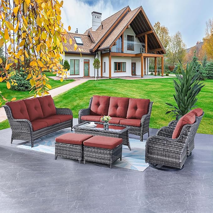 Rilyson Wicker Patio Furniture Set - 7 Piece Rattan Outdoor Sectional Conversation Sets with 2 Rocking Swivel Chairs,2 Ottomans,2 Sofa and 1 Coffee Table for Porch Deck Garden(Mixed Grey/Red)
