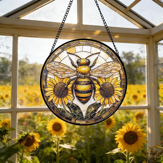 DASTOLL Stained Glass Window Hanging - Bee Sunflower Yellow Suncatcher Ready to Hang Window Doors Home Decoration and Christmas, Mother's Day Birthday Gifts for Women, Men, and Mom 14.9x14.9 in