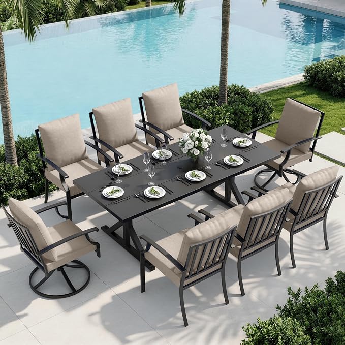9 Piece Outdoor Dining Set for 8, Metal Patio Table and Chairs with Cushions, Patio Furniture Set with 2 Swivel Chairs, Rectangular Metal Dining Table with Umbrella Hole, Lawn Deck Yard-Sand