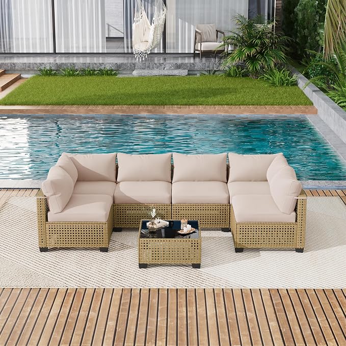 LOUVIXA 7 Piece Outdoor Patio Furniture Set, Outdoor Sectional Sofa, Wicker Rattan Patio Furniture, Patio Conversation Set with Coffee Table & Cushions