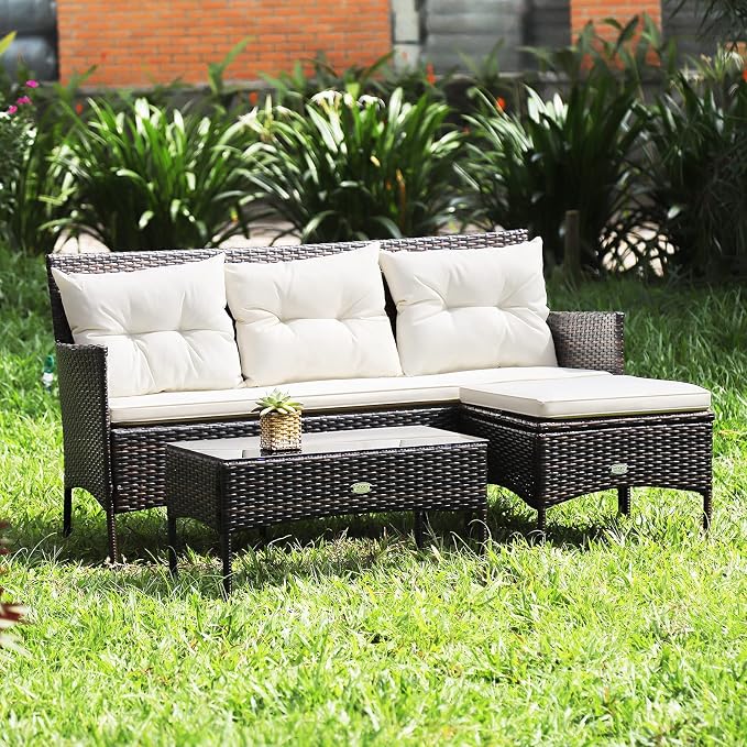 HAPPYGRILL 3PCS Outdoor Rattan Conversation Set Patio Furniture Set with Tempered Glass Coffee Table, 5 Elastic Seat & Back Cushions, Sectional Sofa Set for Poolside Balcony Backyard