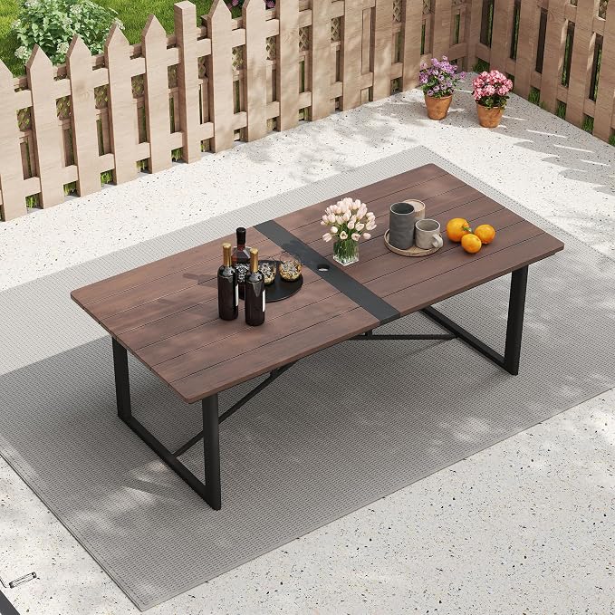 HAPPATIO Outdoor Acacia Wood Dining Table, 8-Person Patio Dining Table with Powder-Coated Aluminum Frame, Rectangle Outdoor Dining Table with Umbrella Hole for Deck Yard Garden