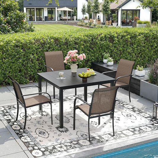 DIFY 5 Pieces Outdoor Patio Dining Set for 4, 40.2" Black Square Metal Dining Table and 4 Brown Stackable Textilene Patio Chairs, Outdoor Table and Chairs for Backyard Garden Poolside