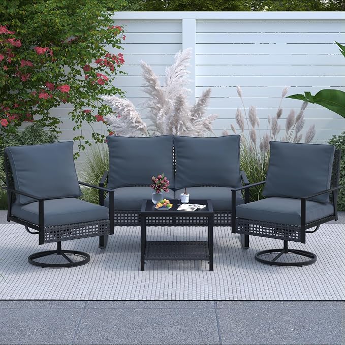 Ainfox Patio Furniture Set 4 Pieces, Patio Wicker Rattan Swivel Rocker, Outdoor Swivel Rocking Chairs Set with Loveseat, Garden Conversation Bistro Sets for Porch, Pool, Backyard Grey