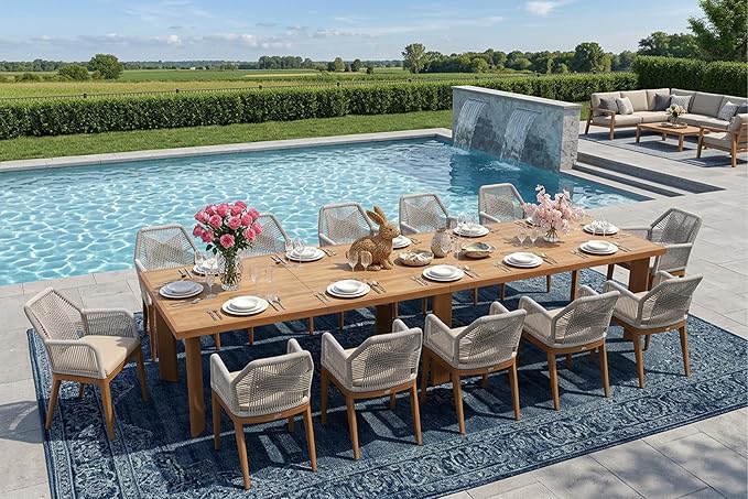 PURPLE LEAF 13 Pieces Patio Dining Set Aluminum Modern Rectangular Table and Rattan Arm Chairs with Cushions for Kitchen Porch Garden Outdoor Furniture Sets