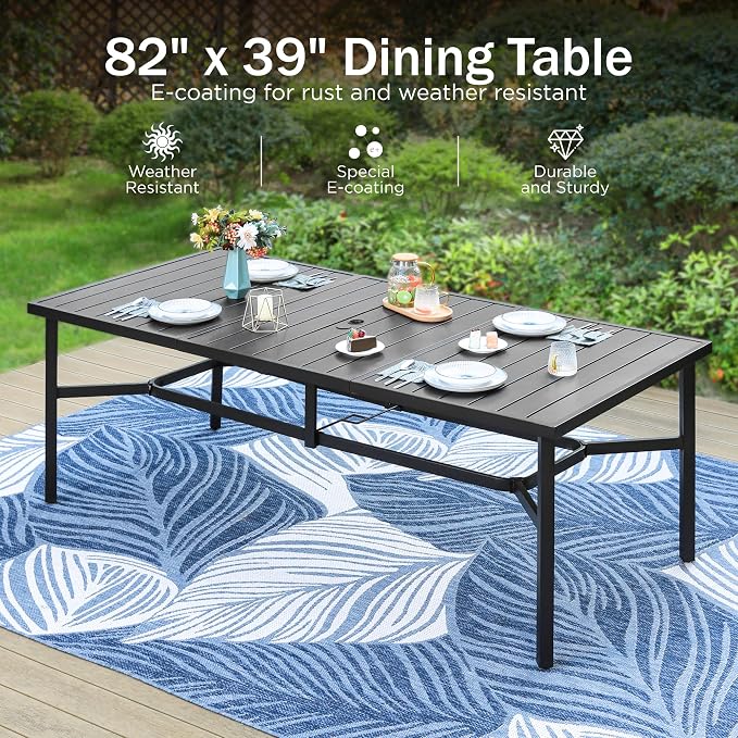 PHI VILLA 9 Pieces Outdoor Dining Set for 8, Rectangular Black Long Wrought Iron Table with Umbrella Hole & Fixed, Swivel Metal Chairs, Large Modern Furniture Set with Cushions for Patio, Deck, Porch