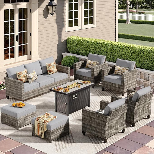 CAODOC 8-Piece Outdoor Wicker Patio Set with 9 Seats, Including 43" Fire Pit - Sectional Sofa and Conversation Set for Backyard or Lawn, Gray Rattan with Waterproof Dark Gray Cushions