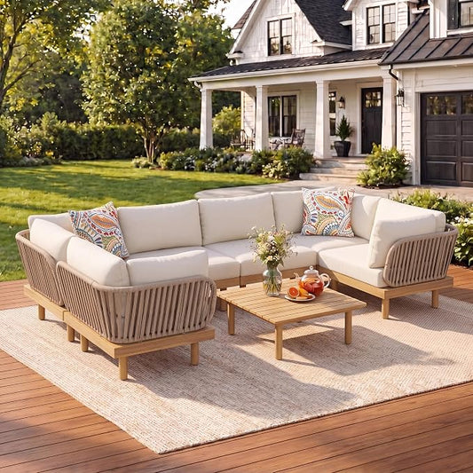 Christopher Knight Home Joan 7 Piece Patio Furniture Set with Slatted Coffee Table, Outdoor Sofa Set with Rope Back & Cushions, Acacia Wood Sectional Conversation Set, Beige+Cream+Light Teak