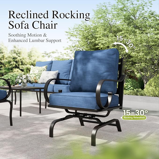 Sophia & William Patio Conversation Set for 5, 3-Seater Sofa, 2 Rocking Chairs and a 45" Fire Pit Table, Metal Outdoor Furniture with 5.75" Extra Thick Cushions, Navy