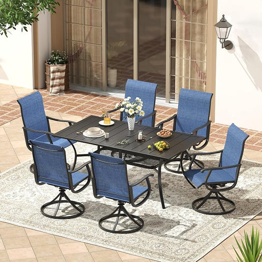 VICLLAX 7 Pieces Patio Outdoor Dining Set, 59" Metal Dining Table with Umbrella Hole and 6 Swivel Textilene Chairs for Lawn,Garden,Porch,Black/Dark Blue