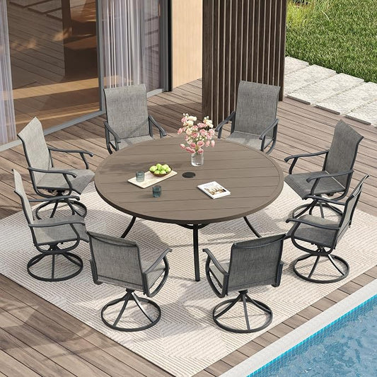 VICLLAX Patio Dining Set for 8, 9 Pieces Outdoor Furniture Includes 60" Round Patio Table with Umbrella Hole and 8 Outdoor Swivel Chairs for Lawn Garden, Grey Wood Grain Tabletop and Grey Fabric
