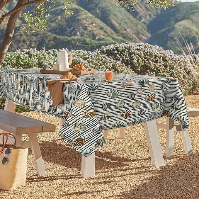DYTXIII Outdoor Rectangle Tablecloth with Umbrella Hole and Zipper 84" x 60", Water Repellent Floral Picnic Cover, Fade & Wrinkle Resistant Tablecloth for Patio/Garden/Party Table, Crayon Shells