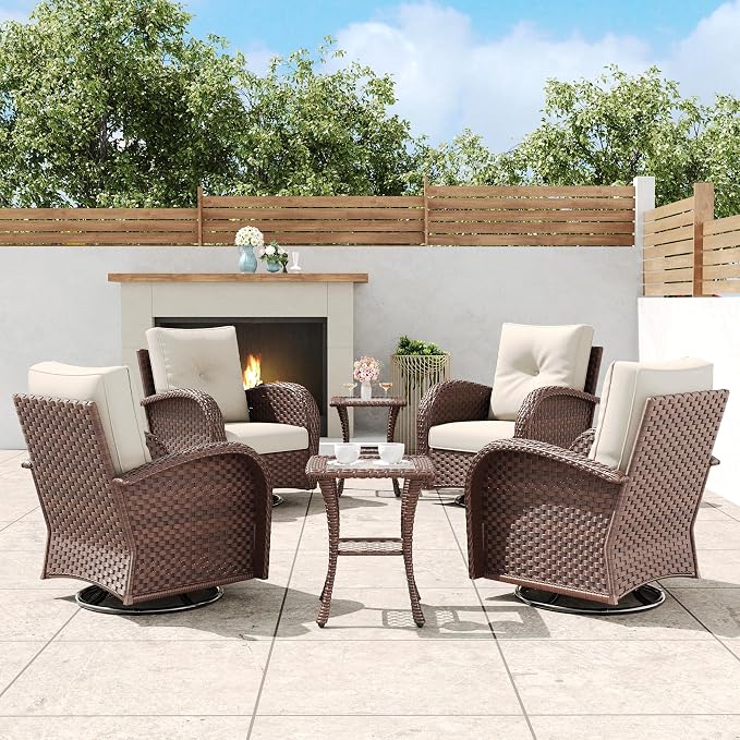 6 Pieces Outdoor Wicker Patio Swivel Rocking Chairs, All Weather Wicker Conversation Set with Side Table