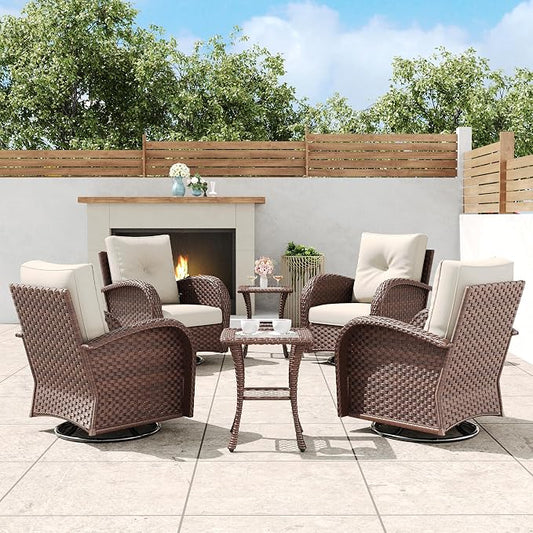 6 Pieces Outdoor Wicker Patio Swivel Rocking Chairs, All Weather Wicker Conversation Set with Side Table