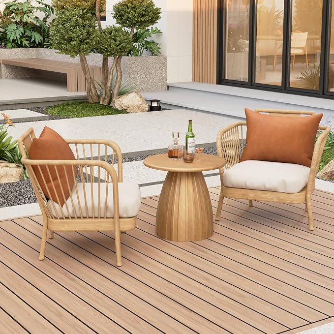 Metal Small Patio Table, Round Outdoor Side Table, Wood Color Outdoor Accent Patio End Table, for Garden, Pool, Yard, Balcony, Living Room, Deck, Weather Resistant, No Assembly