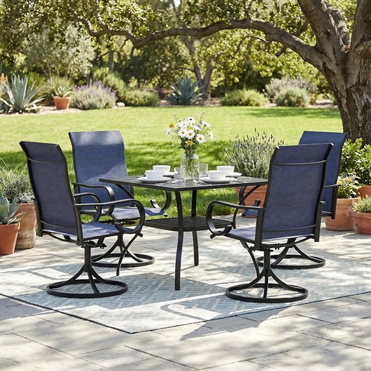 5 Pieces Patio Dining Set, 4 Outdoor Swivel Dining Chairs with 37.8" Square Metal Outdoor Dining Table with Umbrella Hole for Garden Backyard Deck, Dark Blue & Black