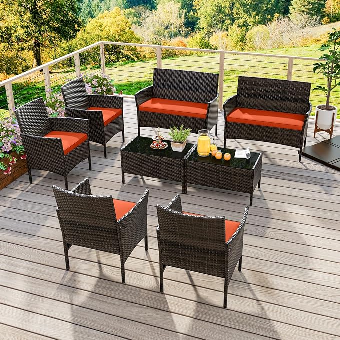 4 Piece Patio Furniture Set, Sectional Conversation Sofa Set with Glass Coffee Table, Cushions & Loveseat, Wicker Outdoor Table and Chairs for Pool, Garden, Deck, Backyard (2, Orange)