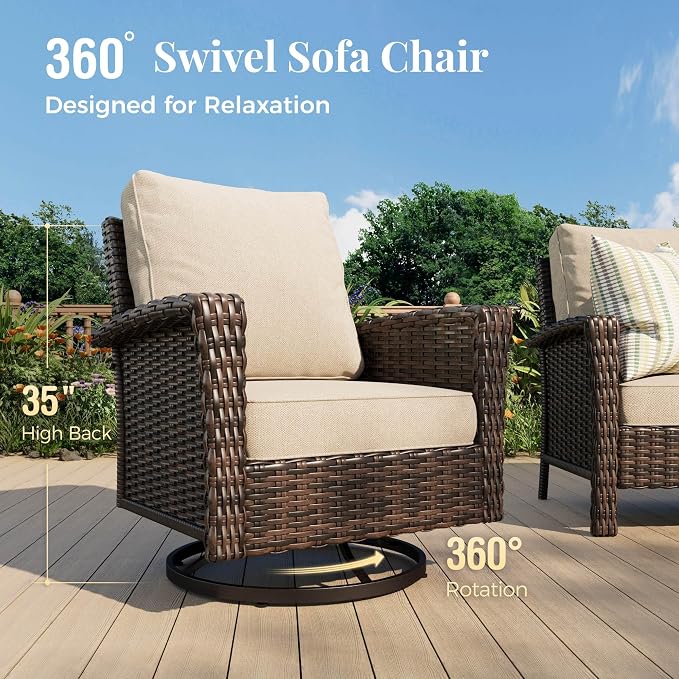 MIXPATIO 6-Piece Wicker Patio Furniture Set with Swivel Chairs, High Back Outdoor Furniture with 57'' Fire Pit Table and Ottoman, All-Weather Wicker Patio Conversation Set for Deck Yard Pool, Beige