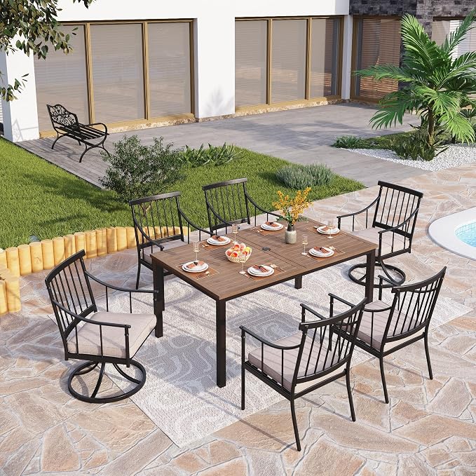 PHI VILLA 7 Piece, Outdoor Dining Set, 65"x39" Table, Umbrella Hole | Metal, Swivel Chairs, Cushions, Weather-Resistant, 360° Swivel, 300 lbs Capacity