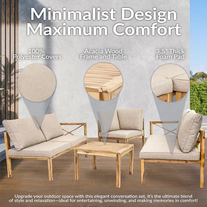Sunnydaze 4-Piece Acacia Wood Patio Furniture Set - Edisto Outdoor Conversation Set - Wood Outdoor Furniture - Light Brown