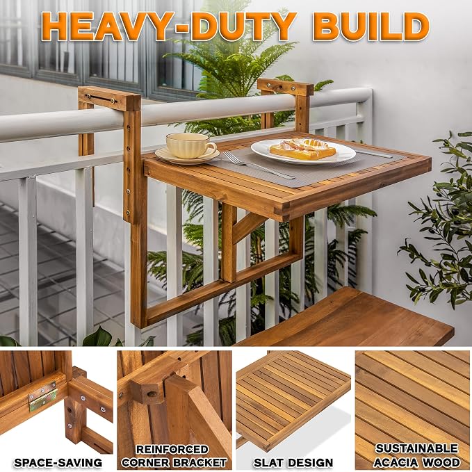VICTORY RELAX Hanging Balcony Table - Foldable Acacia Wood Patio Table - Small Outdoor Workspace & Dining Table for Balcony Furniture - Temporary Workspace - Natural Color (27.2 x 23.6 x 17.5 Inches)