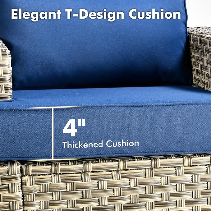Weaxty 7 Pieces Outdoor Furniture Set, Patio Sectional Sofa Wide Seats Couch Chair with Ottoman, Thick Cushion All-Weather Rattan Patio Conversation Sets for Backyard Porch Balcony, Navy Blue