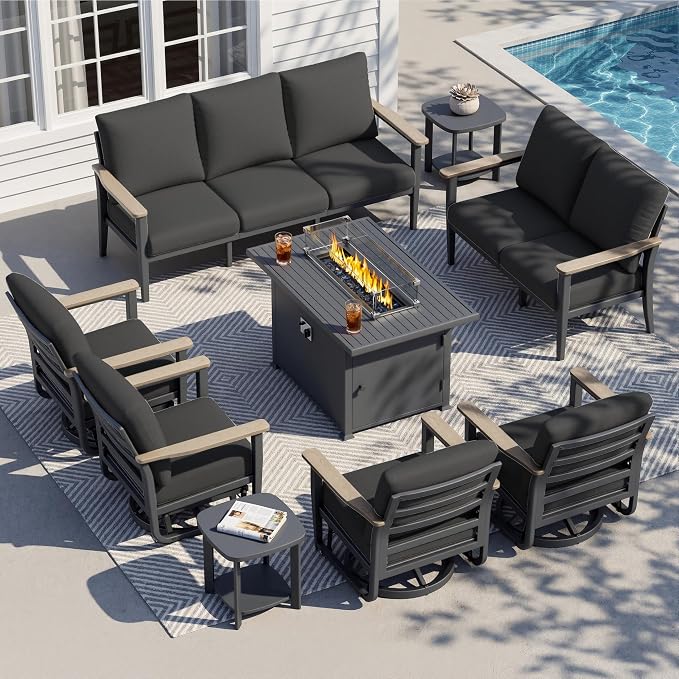 Aluminum Outdoor Patio Furniture Set with Swivel Rocking Chairs 9-Seat, Patio Sectional Sofa Patio Conversation Set with 55,000 BTU Fire Pit Table High Backrest & Thickened Cushions, Dark Grey