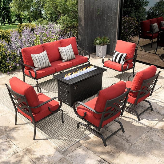 Sophia & William Patio Conversation Set for 7, 3-Seater Sofa, 2 Fixed Chairs, 2 Rocking Chairs and a 45" Fire Pit Table, Metal Outdoor Furniture with 5.75" Extra Thick Cushions, Red