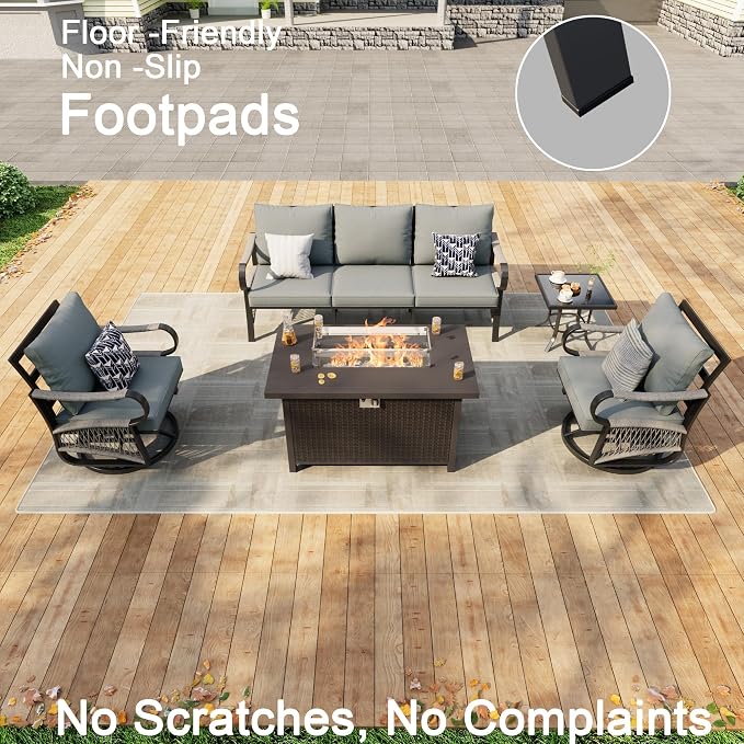 5 Pieces Patio Furniture Set, Metal Outdoor Conversation Sets with Fire Pit Table and Swivel Chairs for Backyard Garden Deck Porch Poolside (Thick Gray Cushions)